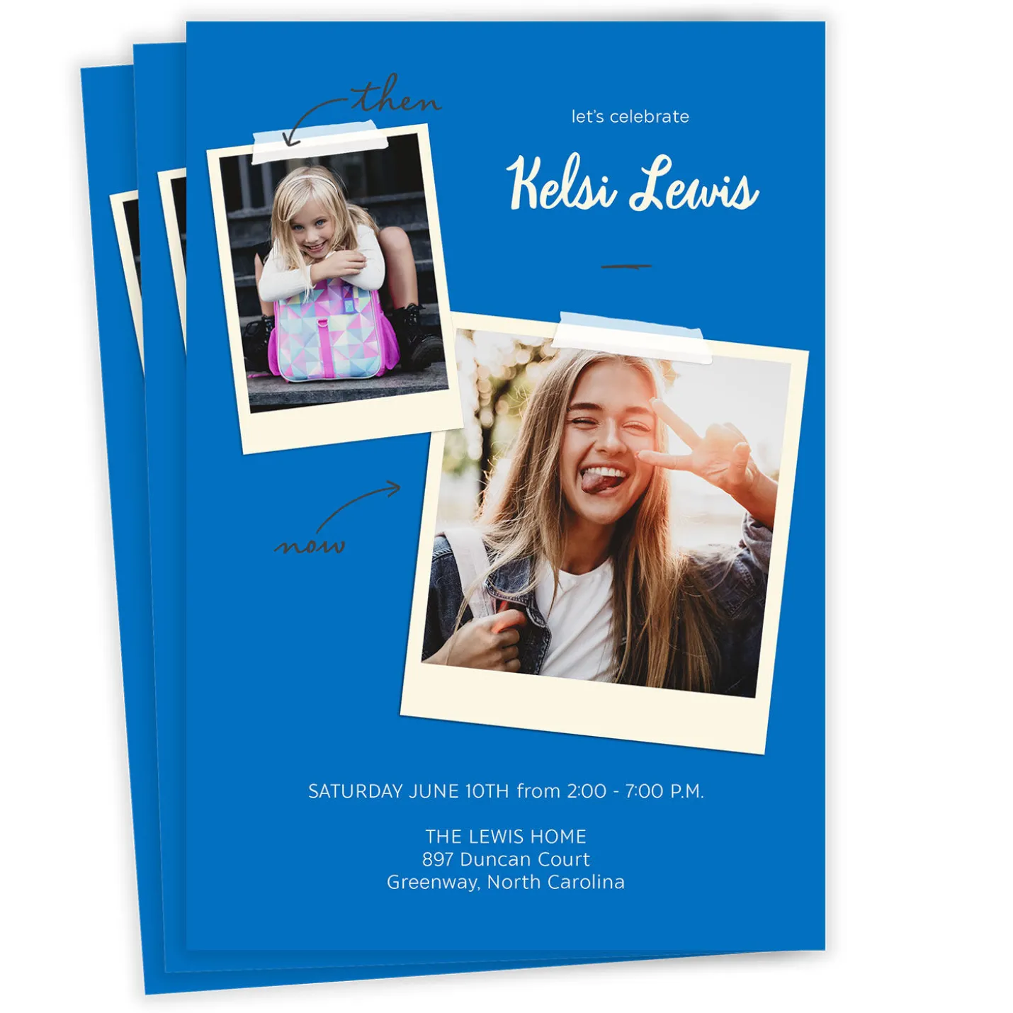 Blue Then and Now Flat Graduation Party Invitation