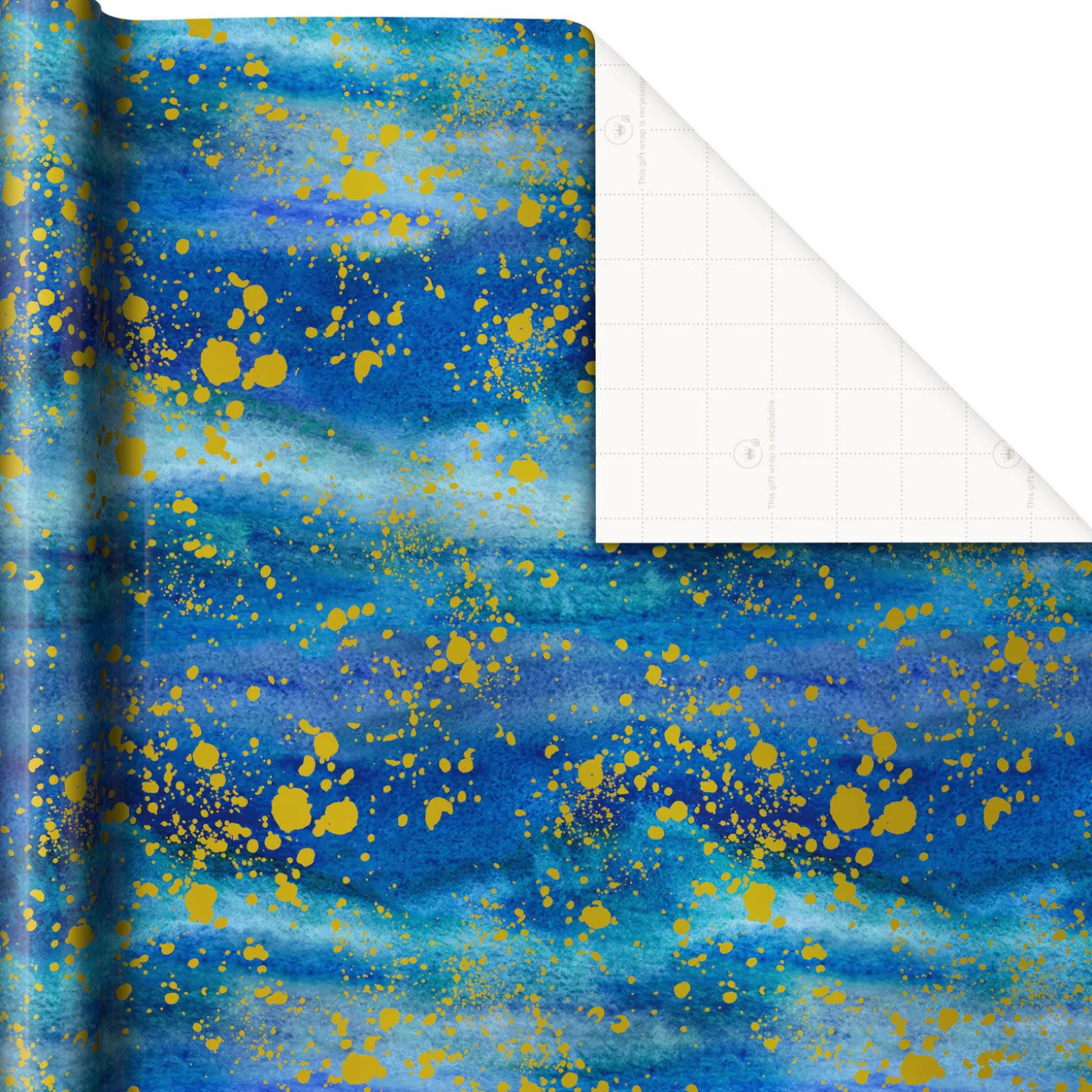Blue Watercolor With Gold Splatter Wrapping Paper, 20 sq. ft.