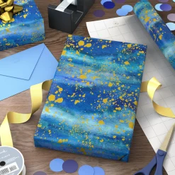 Blue Watercolor With Gold Splatter Wrapping Paper, 20 sq. ft.