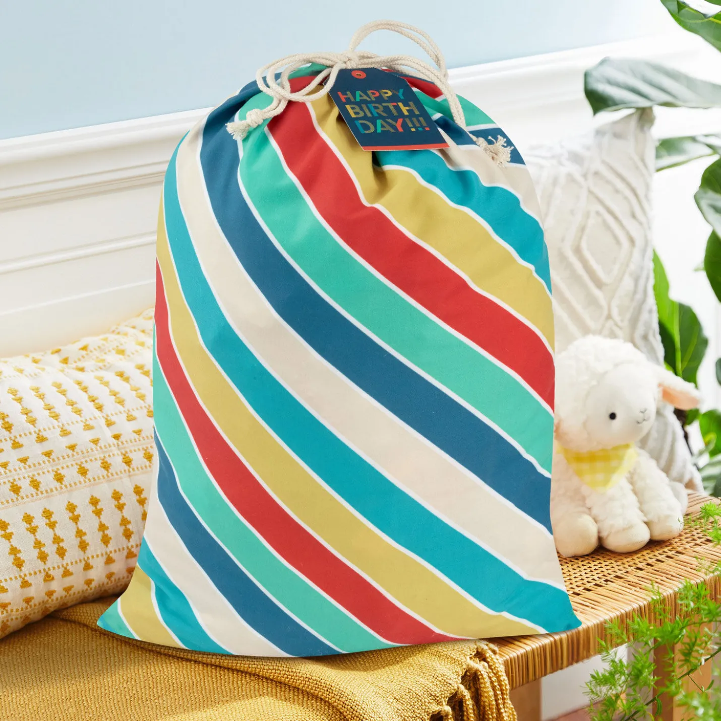 28" Bold Diagonal Stripes Birthday Canvas Gift Sack With Gift Tag