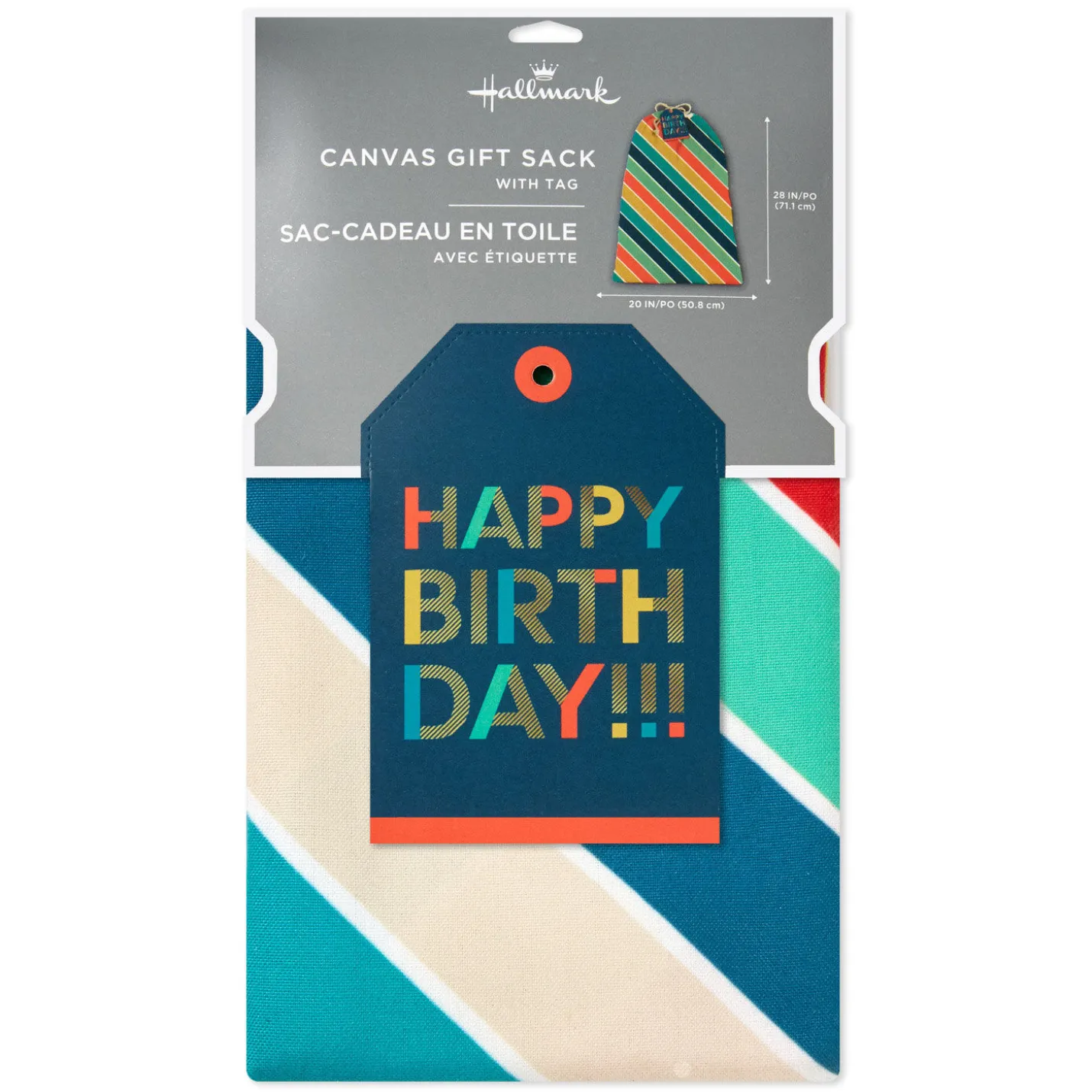 28" Bold Diagonal Stripes Birthday Canvas Gift Sack With Gift Tag