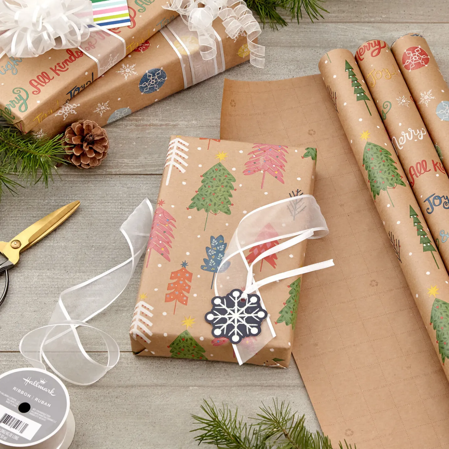 Bright and Bold Kraft 3-Pack Christmas Wrapping Paper, 90 sq. ft.