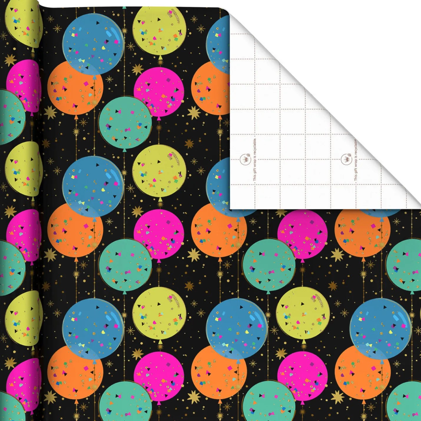 Bright Balloons on Black Wrapping Paper Roll, 17.5 sq. ft.
