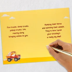 Cake and Construction Worker Animals in Trucks 4th Birthday Card