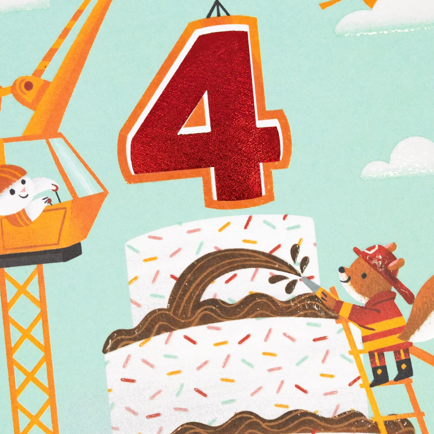 Cake and Construction Worker Animals in Trucks 4th Birthday Card