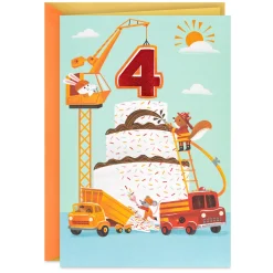 Cake and Construction Worker Animals in Trucks 4th Birthday Card