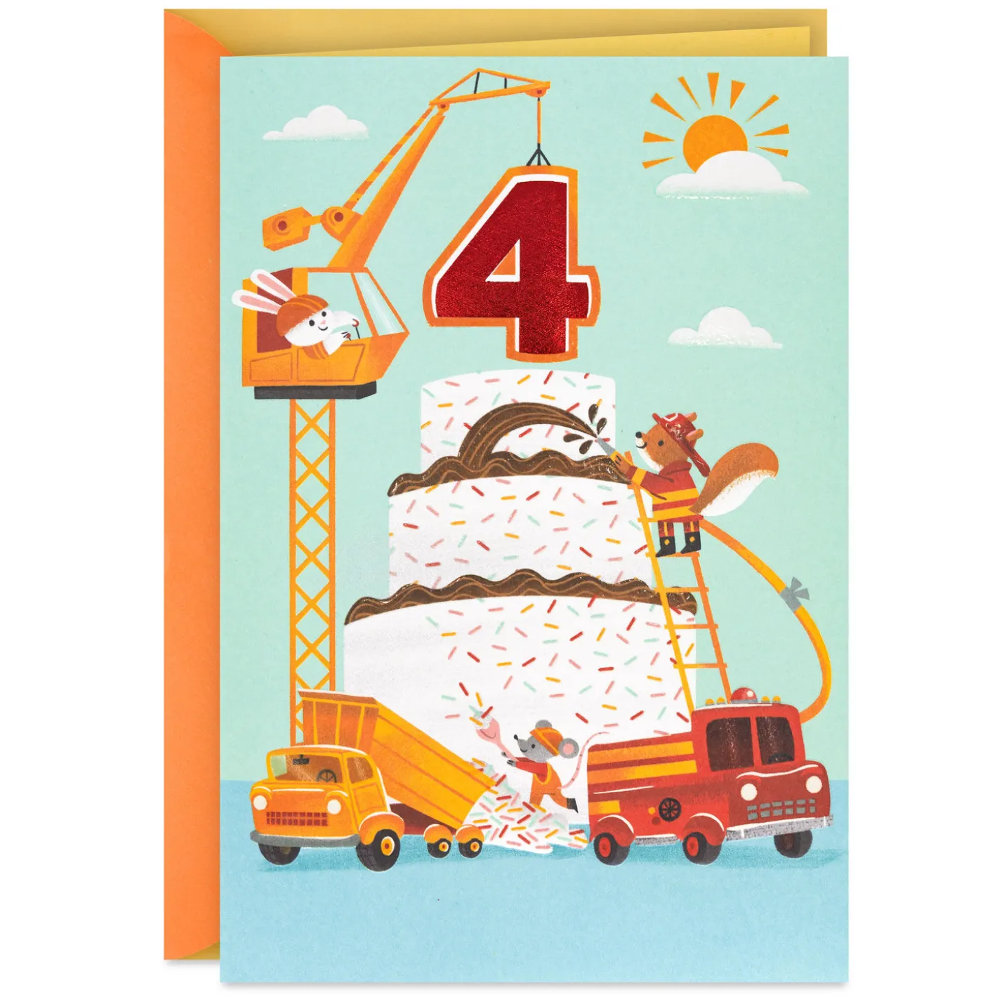Cake and Construction Worker Animals in Trucks 4th Birthday Card