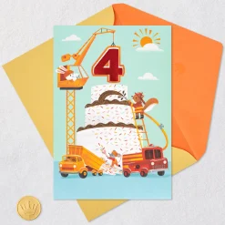 Cake and Construction Worker Animals in Trucks 4th Birthday Card
