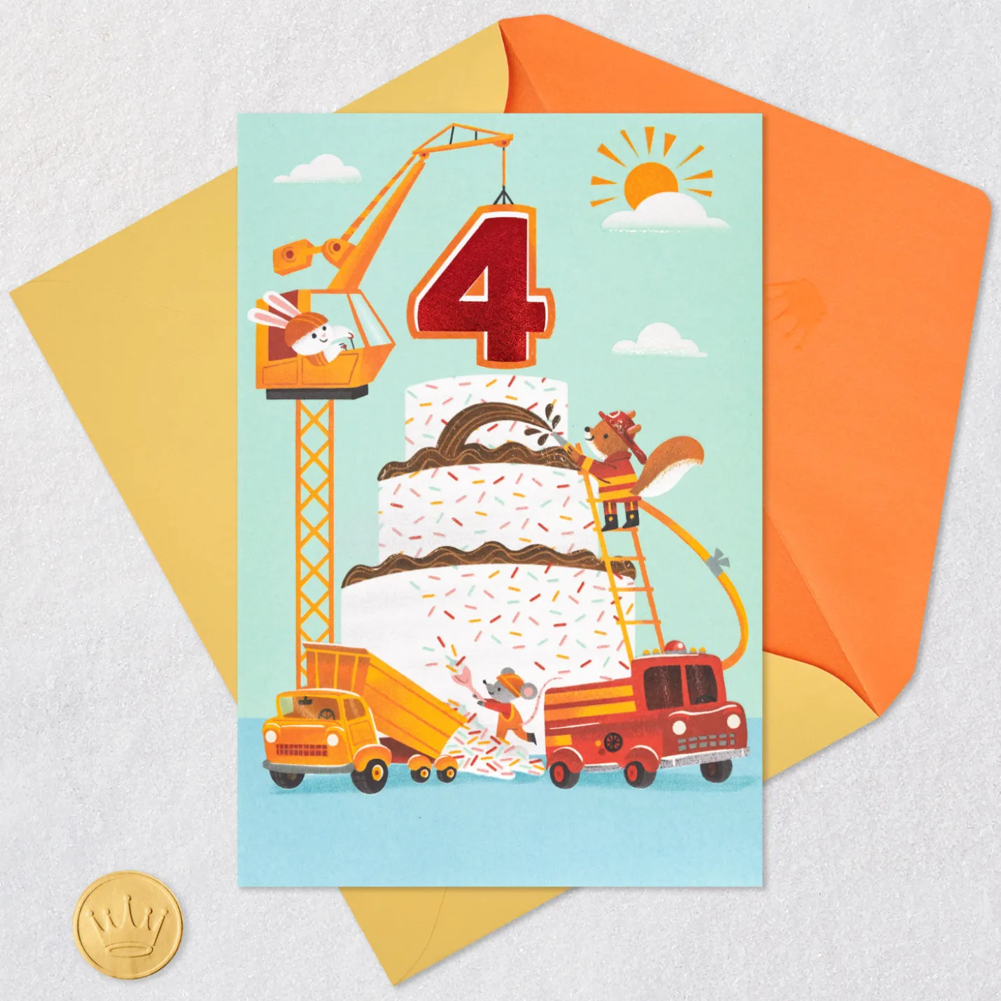 Cake and Construction Worker Animals in Trucks 4th Birthday Card