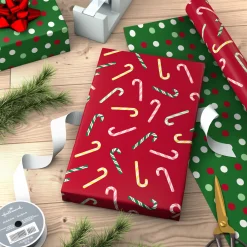 Candy Canes on Red/Dots on Green Christmas Reversible Wrapping Paper Roll, 30 sq. ft.