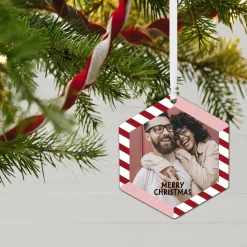 Candy Cane Stripes Metal Personalized Ornament, Custom Photo and Text