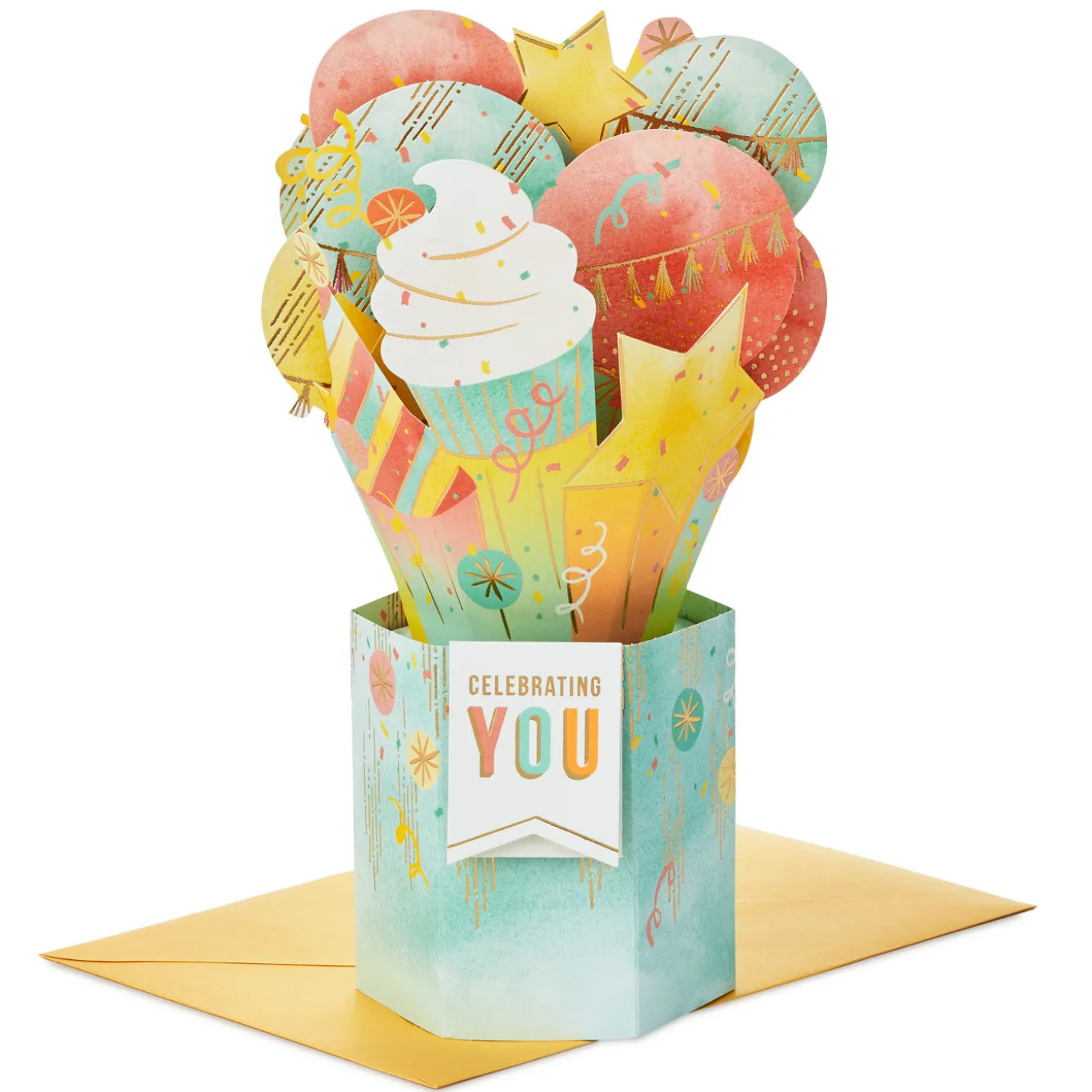 Celebrating You Cupcake, Stars and Balloons 3D Pop-Up Birthday Card