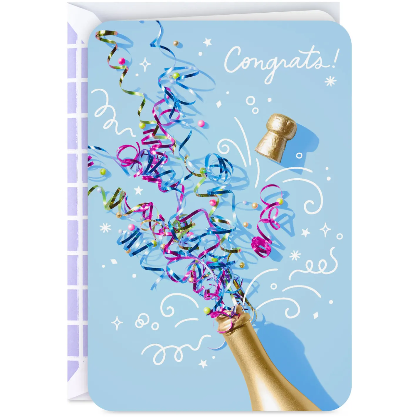 Champagne Bottle and Confetti Streamers Congratulations Card