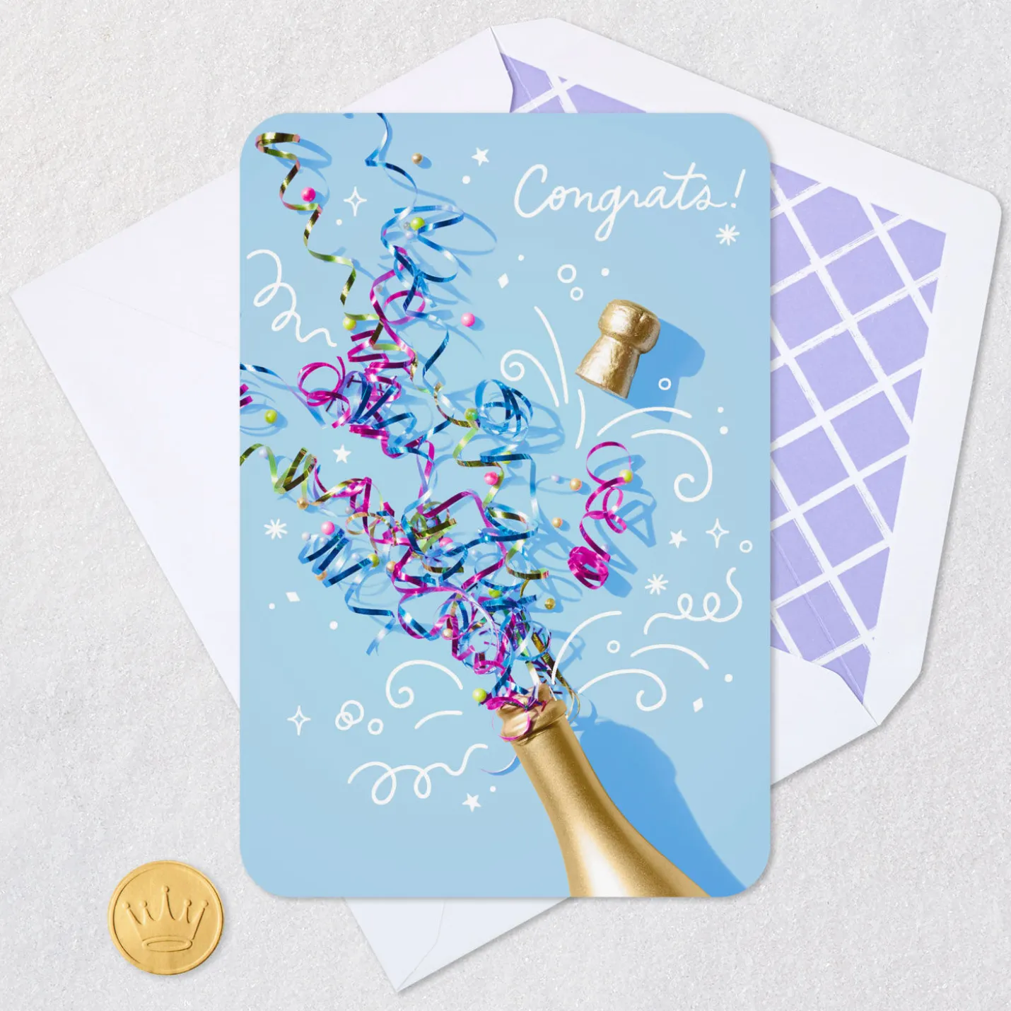 Champagne Bottle and Confetti Streamers Congratulations Card