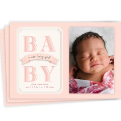 Classic Pink Banner Baby Girl Flat Birth Announcement