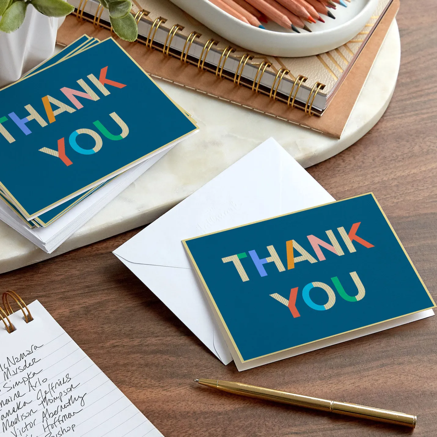 Colorblock Letters on Blue Blank Thank You Notes, Pack of 10