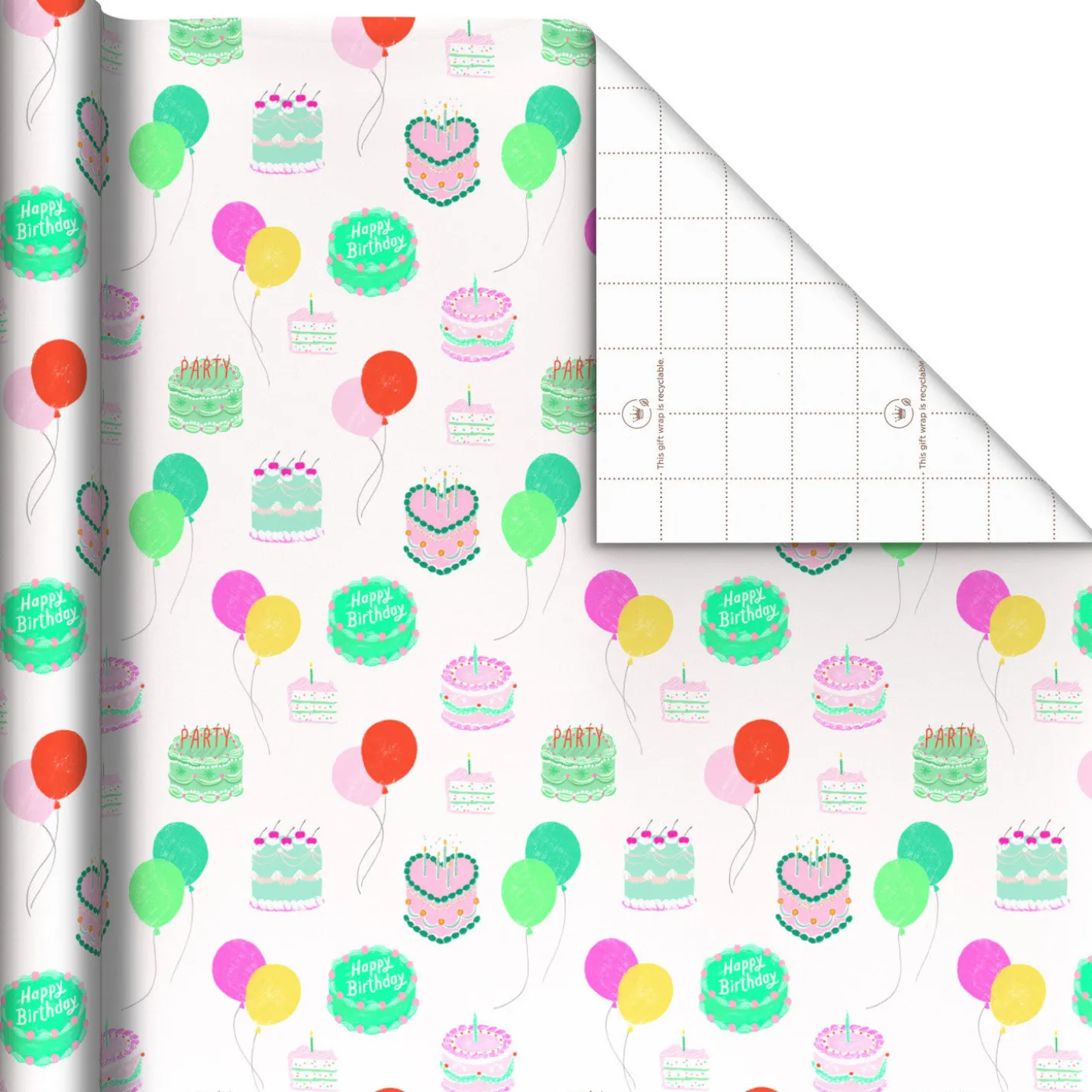 Colorful Birthday Cakes on White Wrapping Paper Roll, 20 sq. ft.