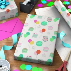 Colorful Birthday Cakes on White Wrapping Paper Roll, 20 sq. ft.