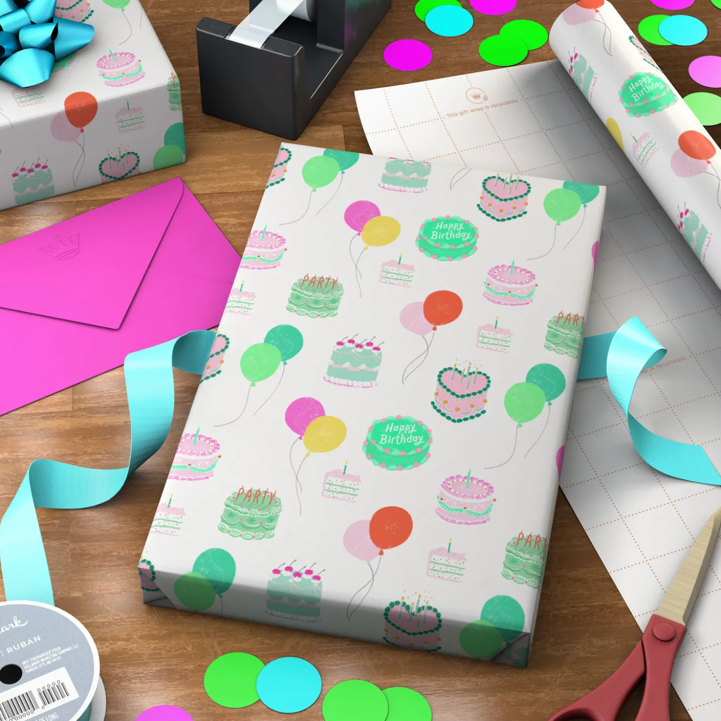 Colorful Birthday Cakes on White Wrapping Paper Roll, 20 sq. ft.