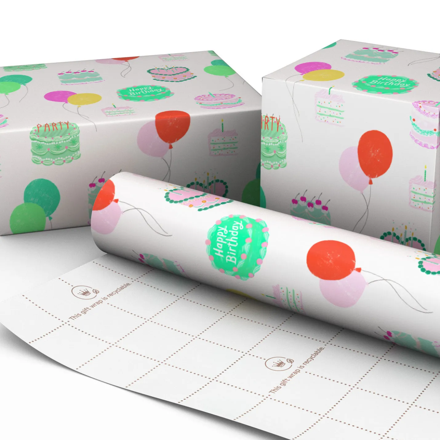 Colorful Birthday Cakes on White Wrapping Paper Roll, 20 sq. ft.
