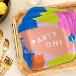 Colorful Brushstroke "Party On" Dinner Plates, Pack of 8