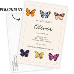 Colorful Butterflies Flat Birthday Invitation