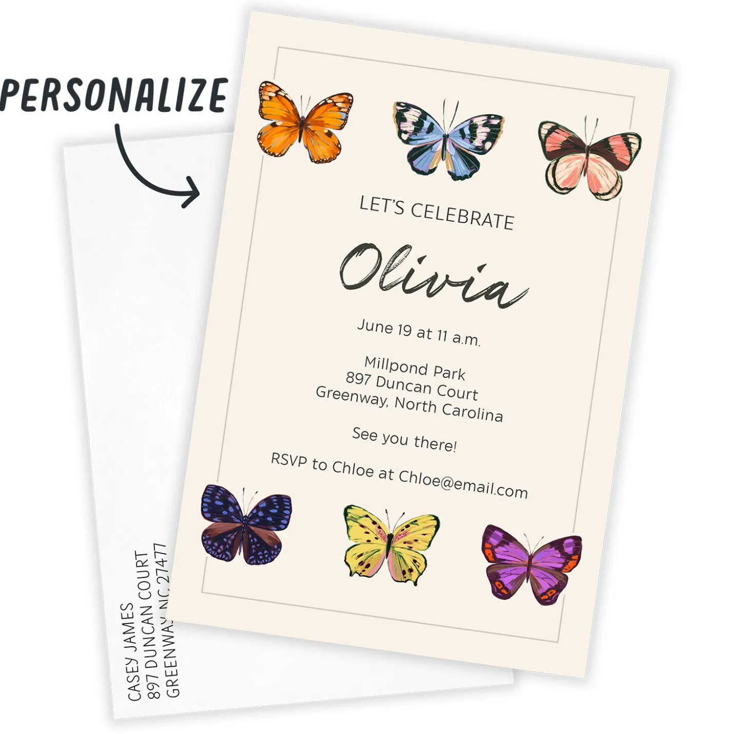Colorful Butterflies Flat Birthday Invitation