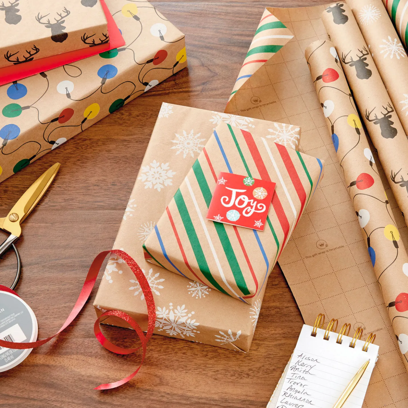 Colorful Christmas 4-Pack Kraft Wrapping Paper Assortment, 88 sq. ft.