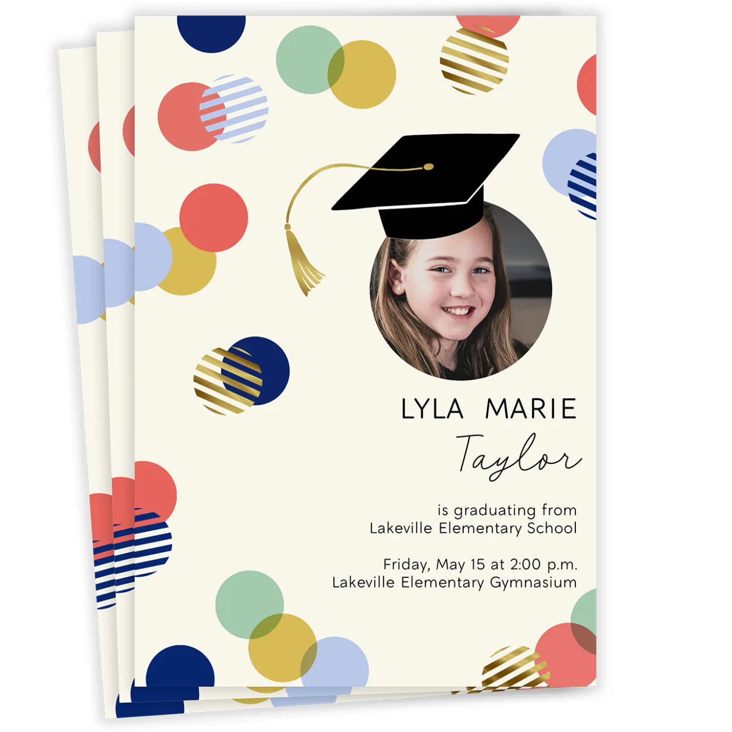 Colorful Dots and Grad Hat Graduation Invitation