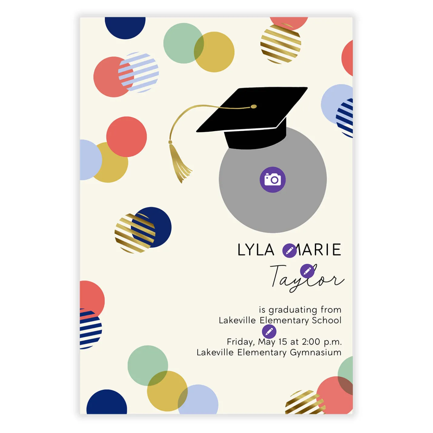 Colorful Dots and Grad Hat Graduation Invitation
