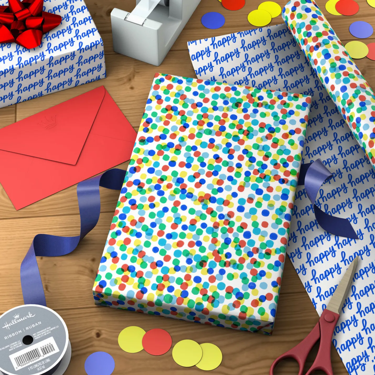 Colorful Dots/Happy Lettering Reversible Wrapping Paper Roll, 20 sq. ft.