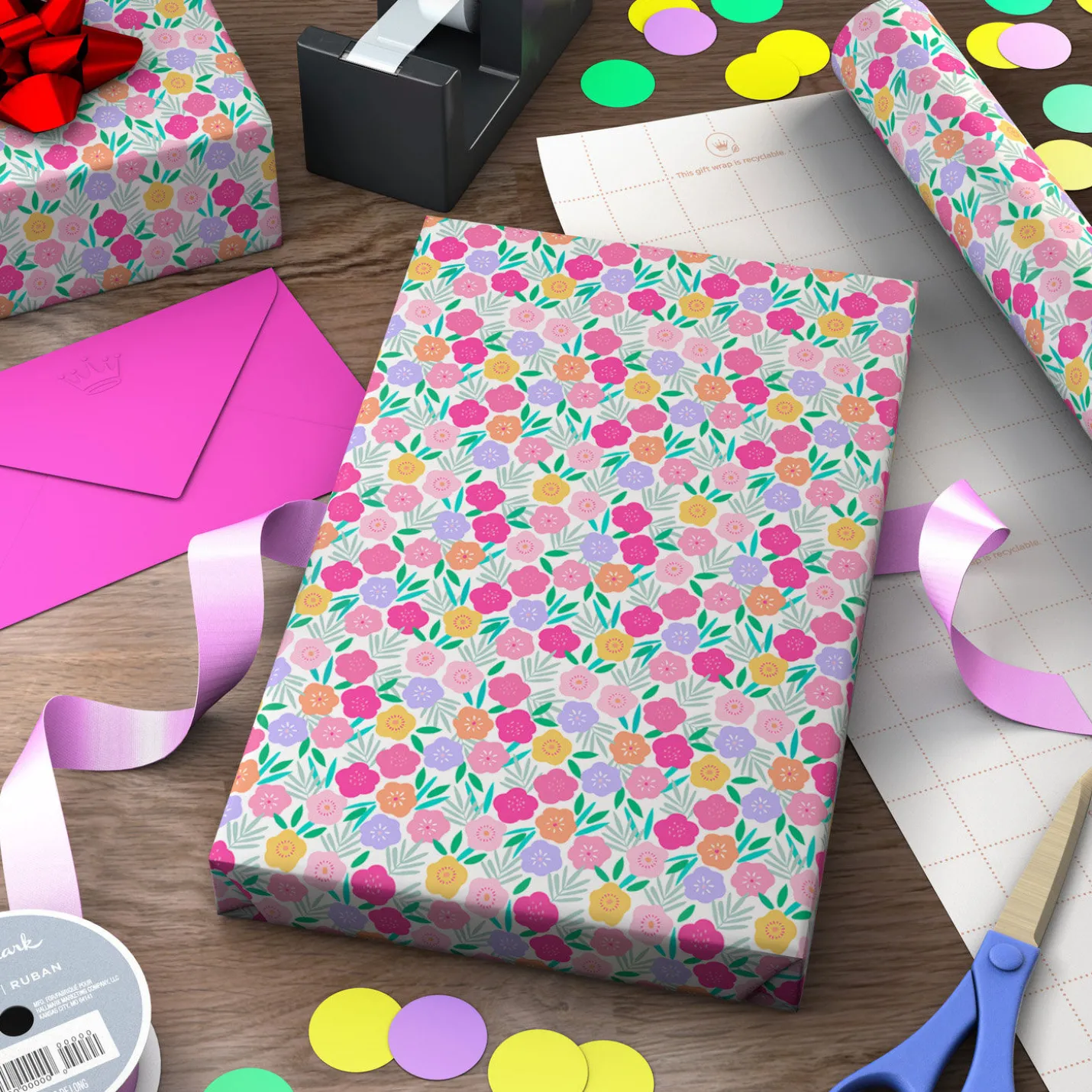Colorful Flowers on White Tall Wrapping Paper Roll, 35 sq. ft.