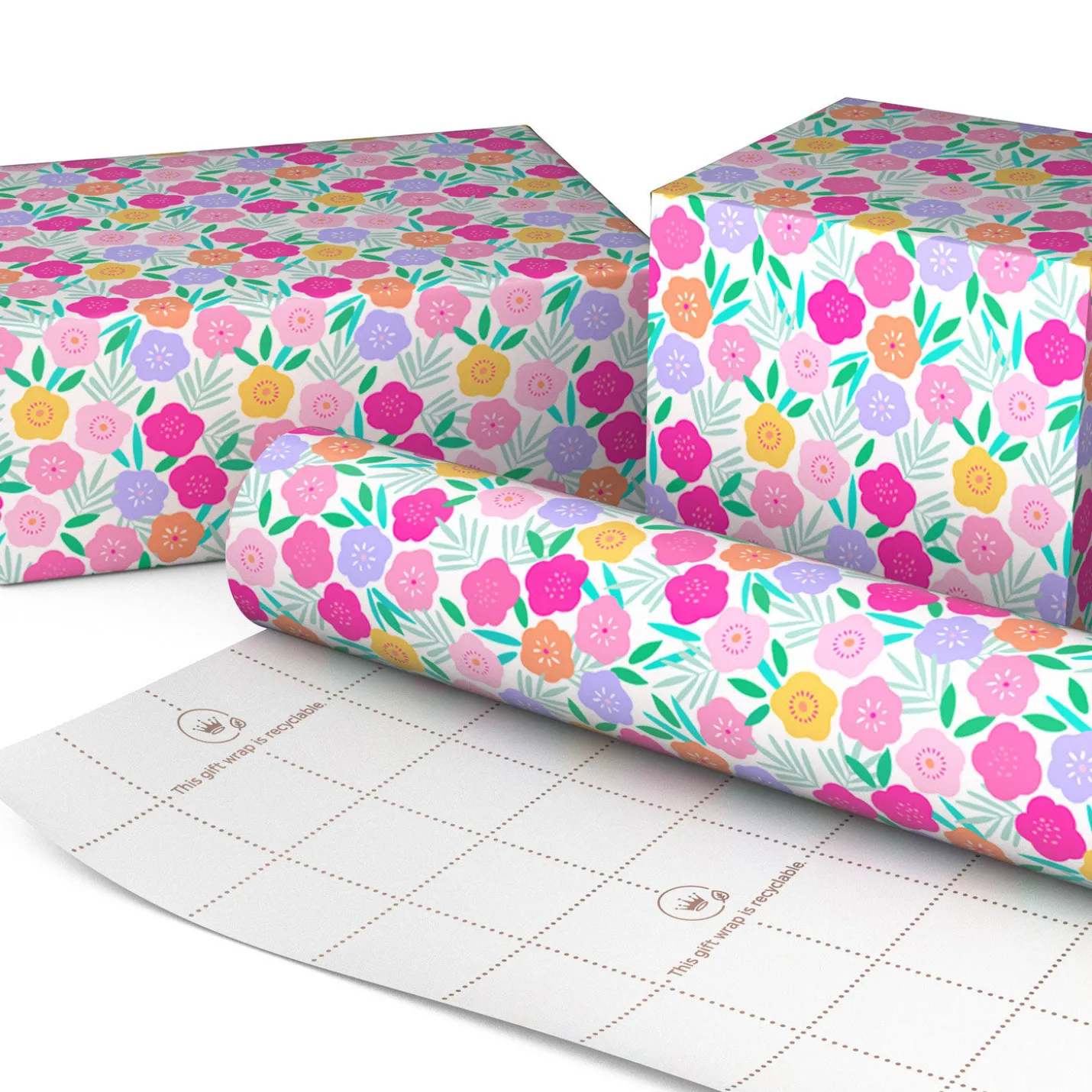 Colorful Flowers on White Tall Wrapping Paper Roll, 35 sq. ft.