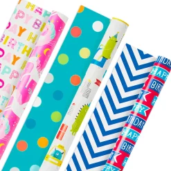 Colorful Kid Birthday 3-Pack Reversible Wrapping Paper, 120 sq. ft. total
