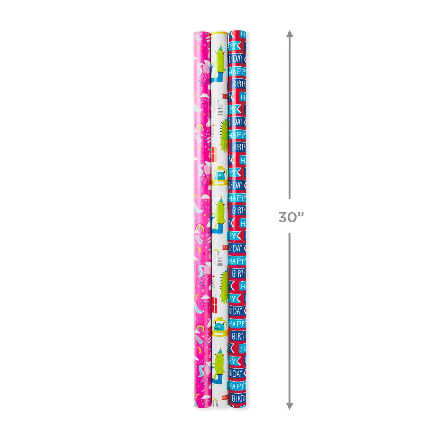 Colorful Kid Birthday 3-Pack Reversible Wrapping Paper, 120 sq. ft. total