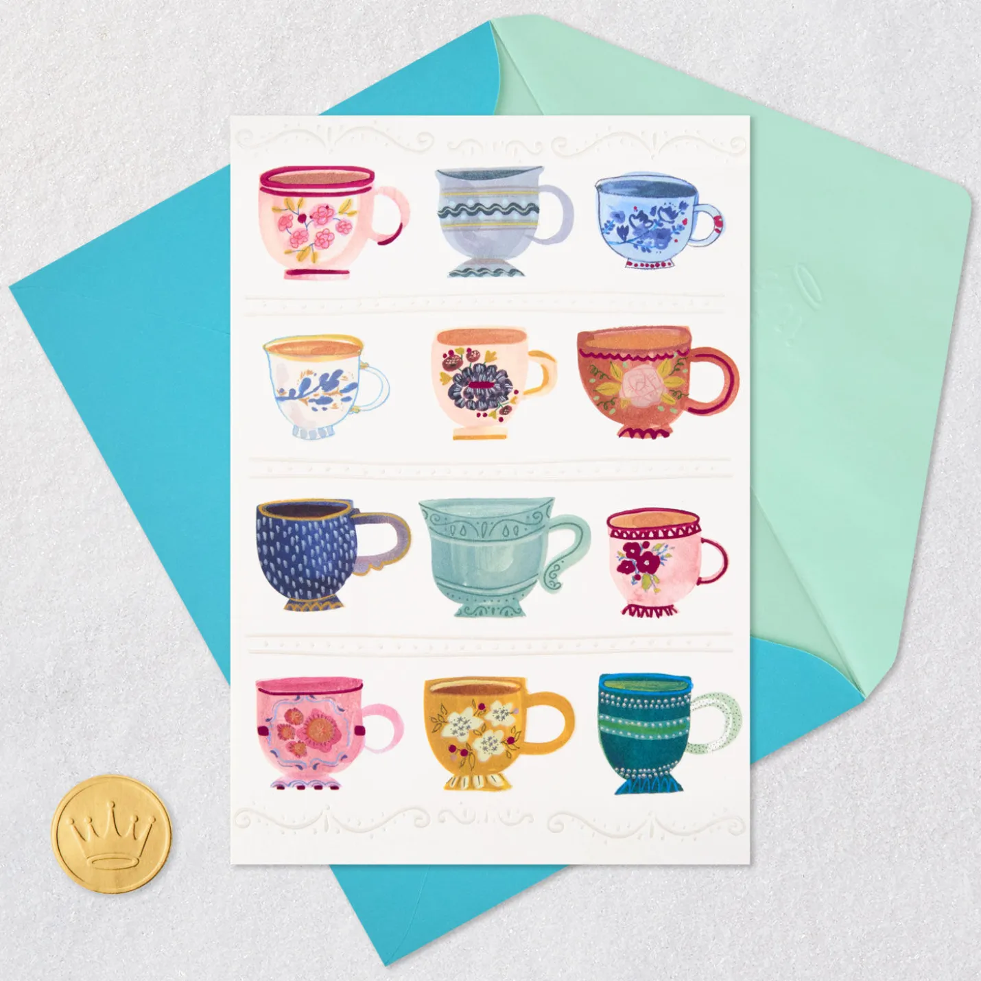 Colorful Patterned Teacups Blank Card