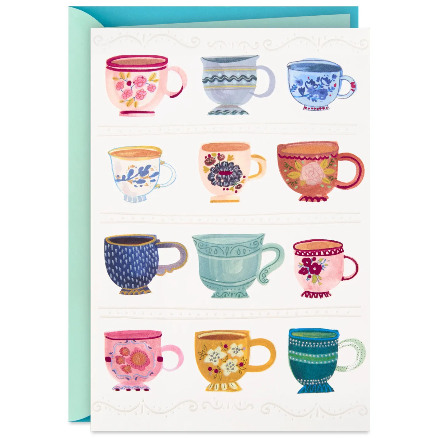 Colorful Patterned Teacups Blank Card