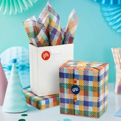 Colorful Plaid Tissue Paper With Gift Tag Stickers, 6 sheets
