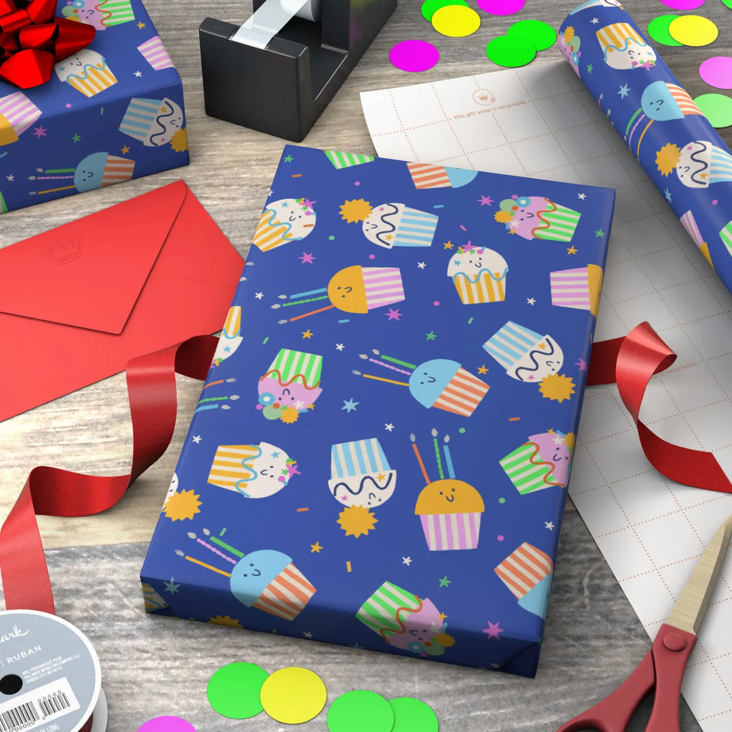 Colorful Smiling Cupcakes Tall Wrapping Paper Roll, 35 sq. ft.