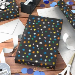 Colorful Stars on Black Wrapping Paper, 20 sq. ft.