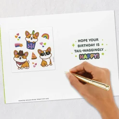 Corgi Dog in Party Hat Birthday Card for Kids With Stickers