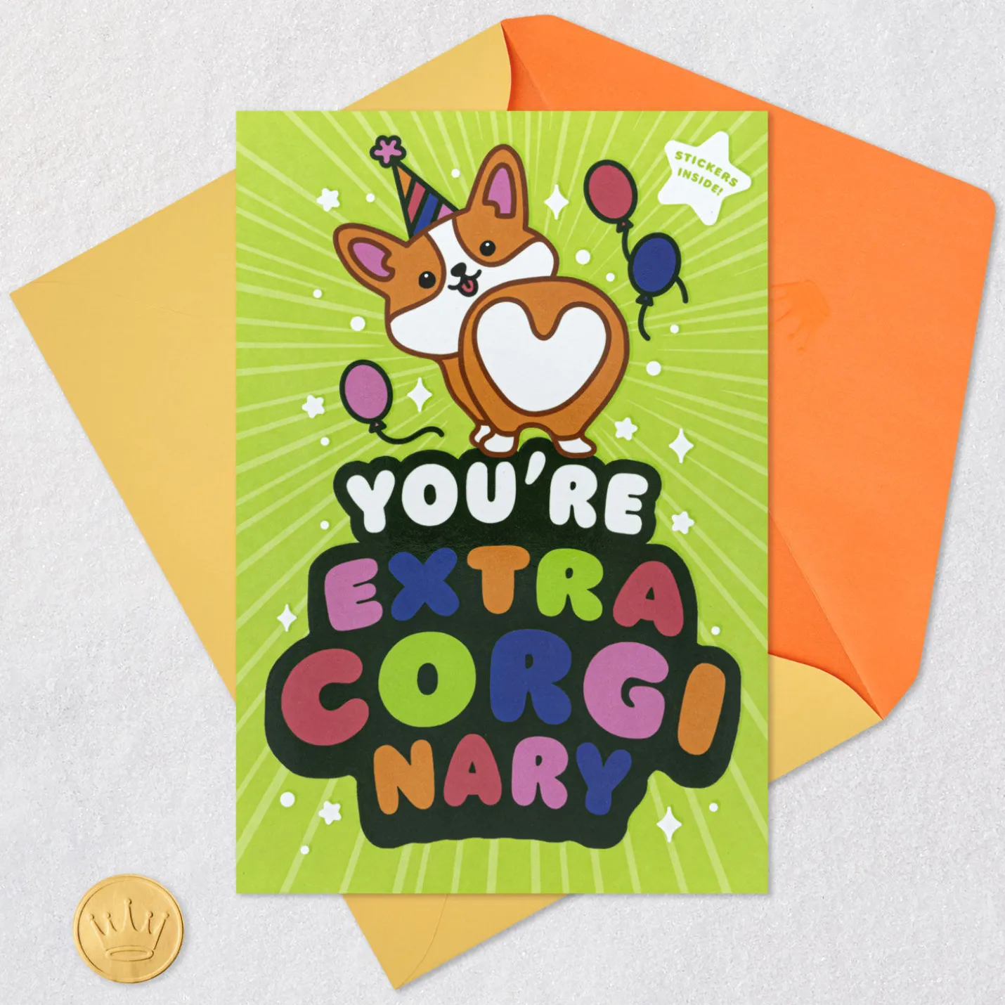 Corgi Dog in Party Hat Birthday Card for Kids With Stickers