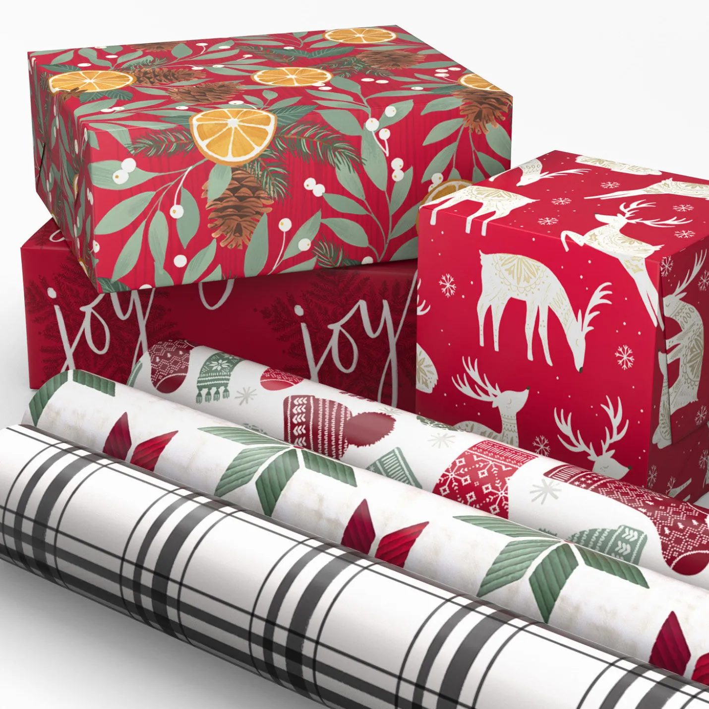 Cozy Patterns 6-Pack Assorted Holiday Wrapping Paper Roll Bundle, 150 sq. ft. total