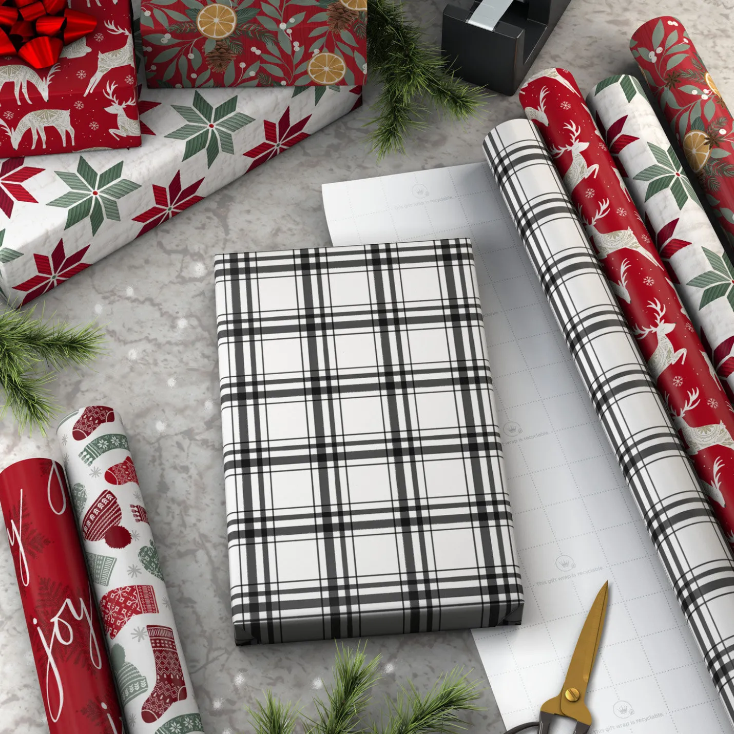 Cozy Patterns 6-Pack Assorted Holiday Wrapping Paper Roll Bundle, 150 sq. ft. total