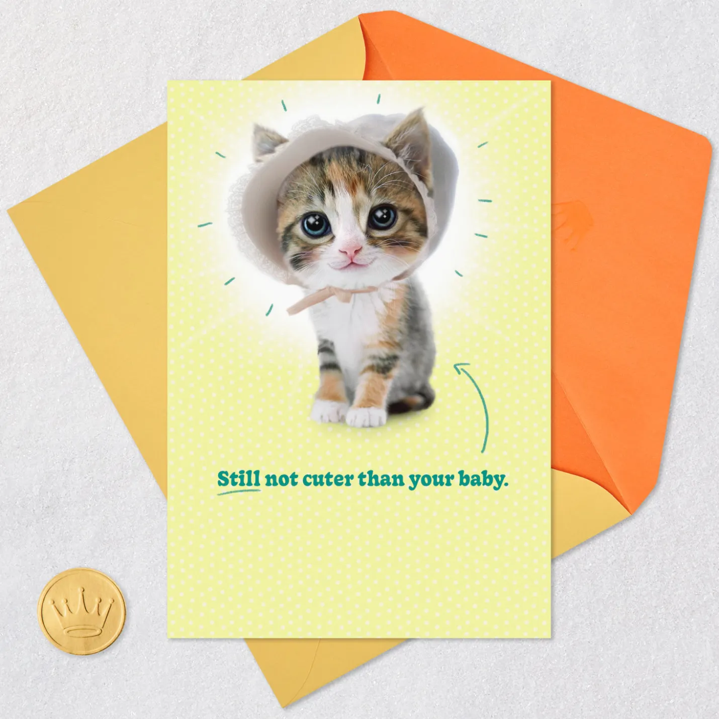 Cute Kitten in a Baby Bonnet Funny New Baby Card