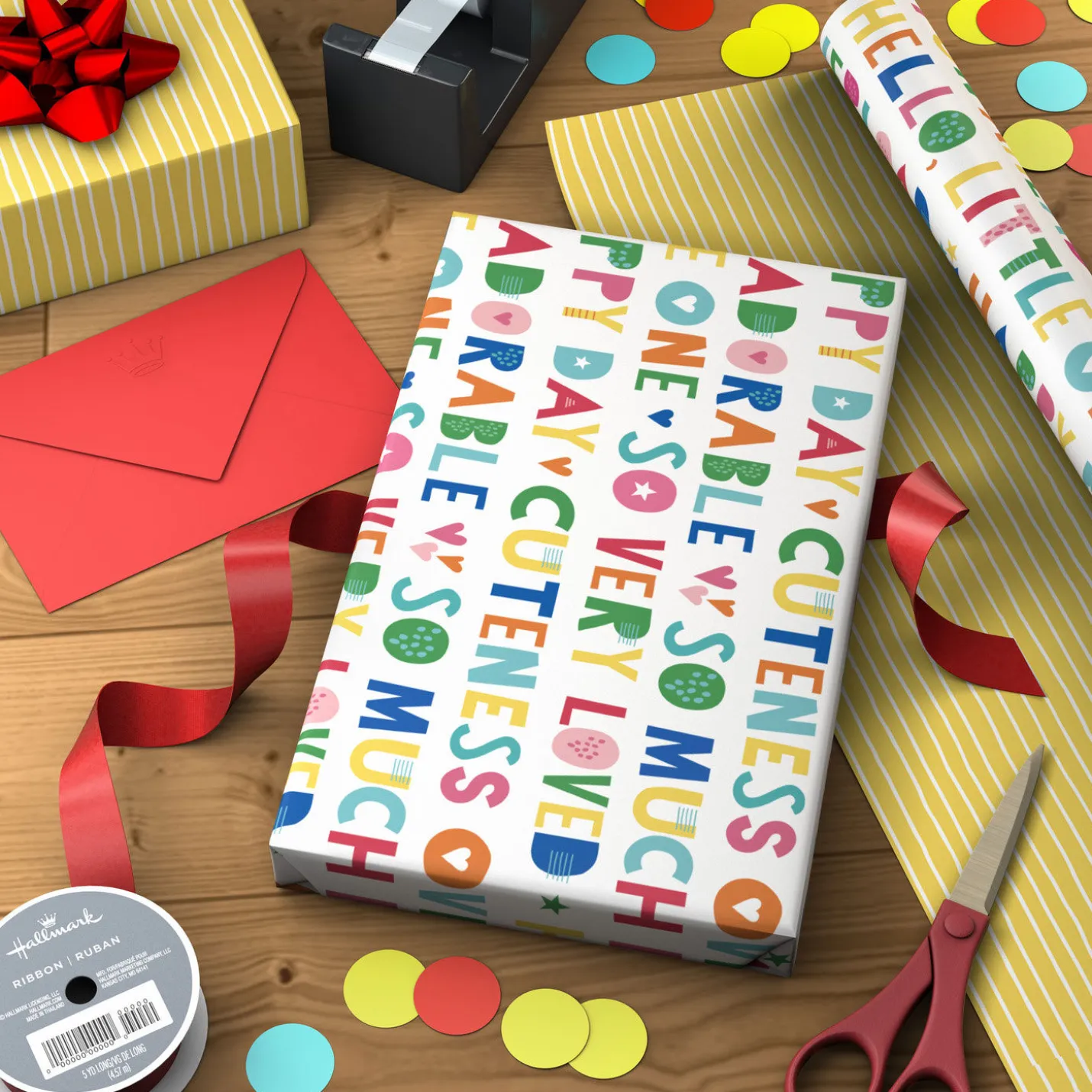 Cuteness Overload/Yellow Stripes Reversible Wrapping Paper, 20 sq. ft.