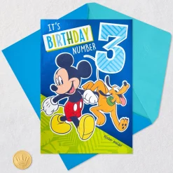 Disney Mickey Mouse and Pluto Third Birthday Card for Kid With Sticker