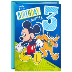 Disney Mickey Mouse and Pluto Third Birthday Card for Kid With Sticker