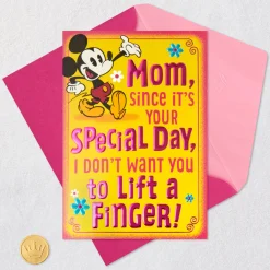 Disney Mickey Mouse Don't Lift a Finger Funny Pop-Up Birthday Card for Mom