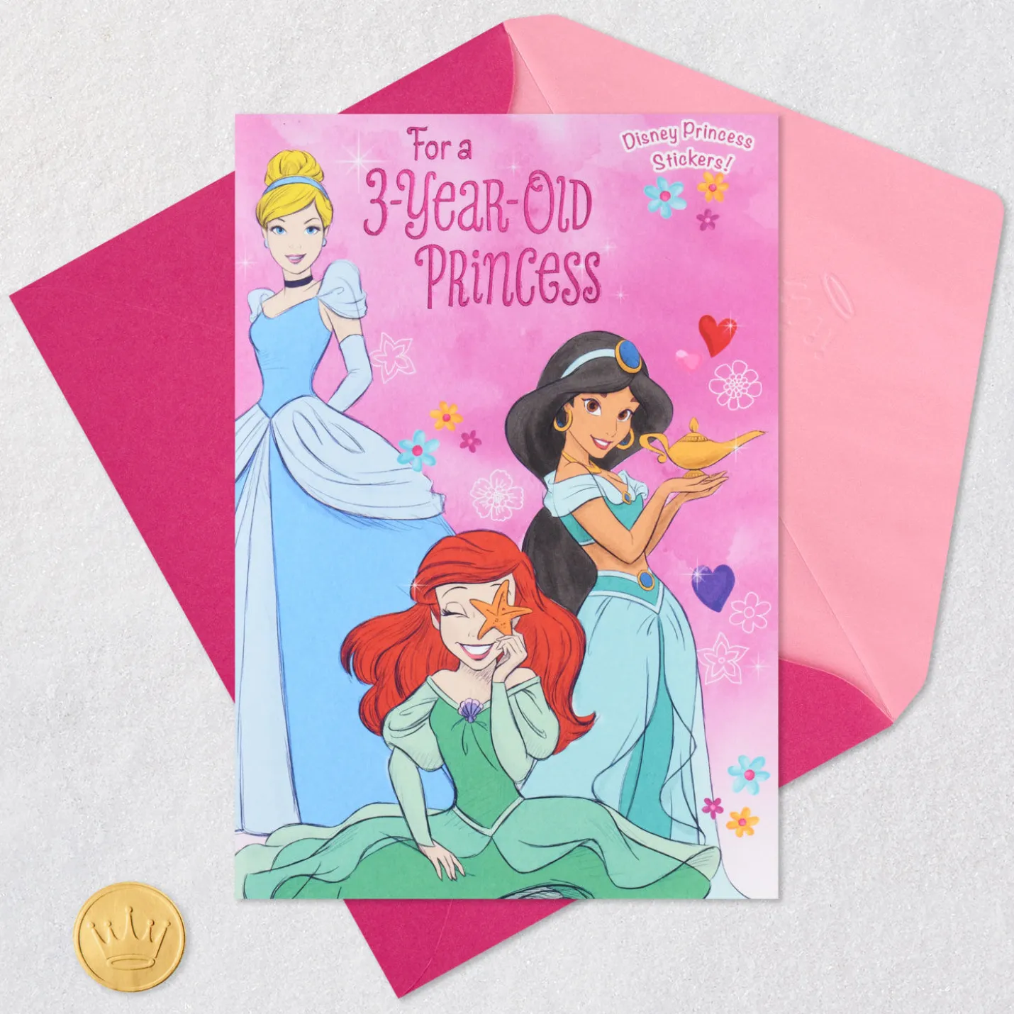 Disney Princesses Royal Hugs and Kisses 3rd Birthday Card for Girls With Stickers